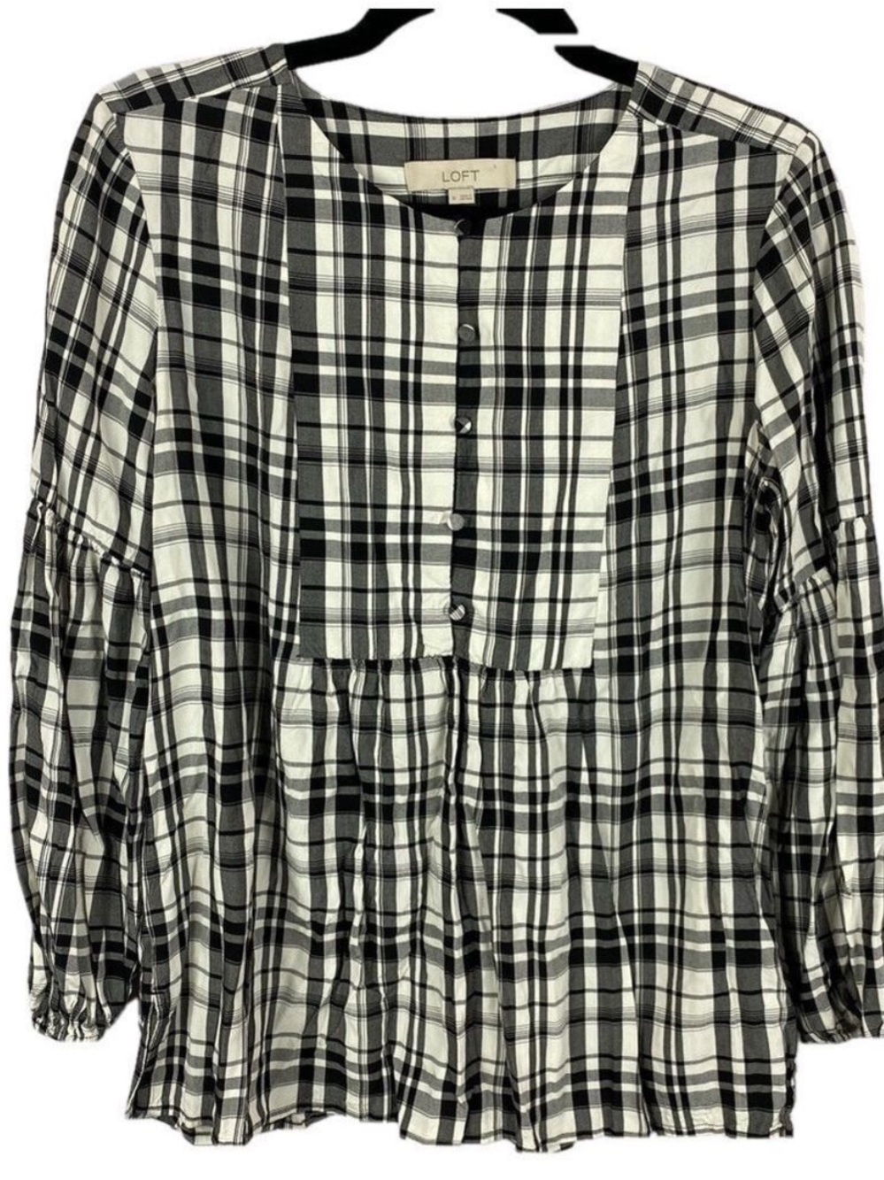 Loft Plaid Long Sleeve Peasant Blouse Medium Black White